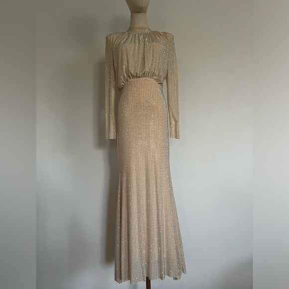Self Portrait dress Gold Crystals Maxi Long Sleeves - Picture 9 of 9